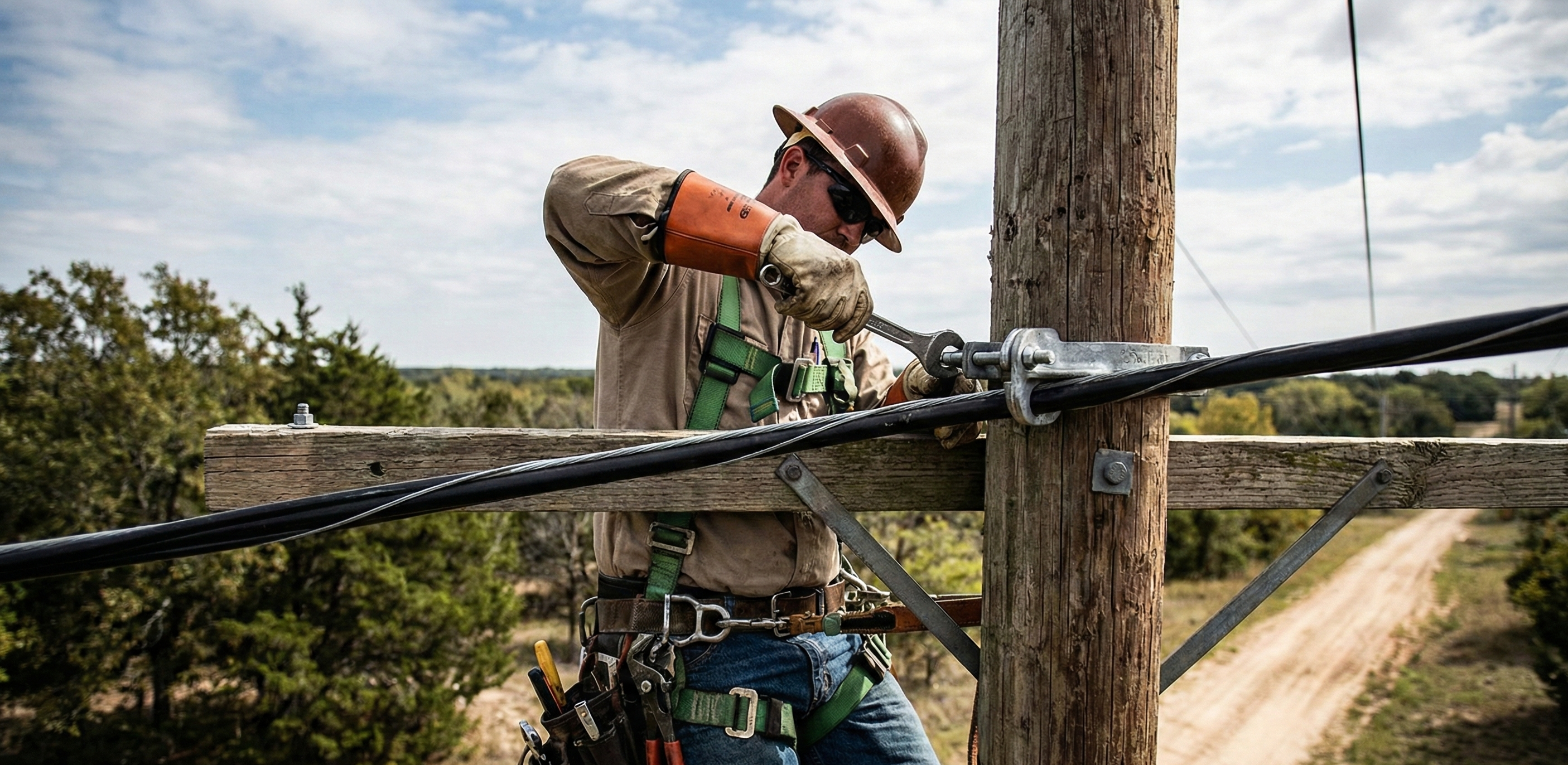 Technician installing anchoring clamps on utility pole